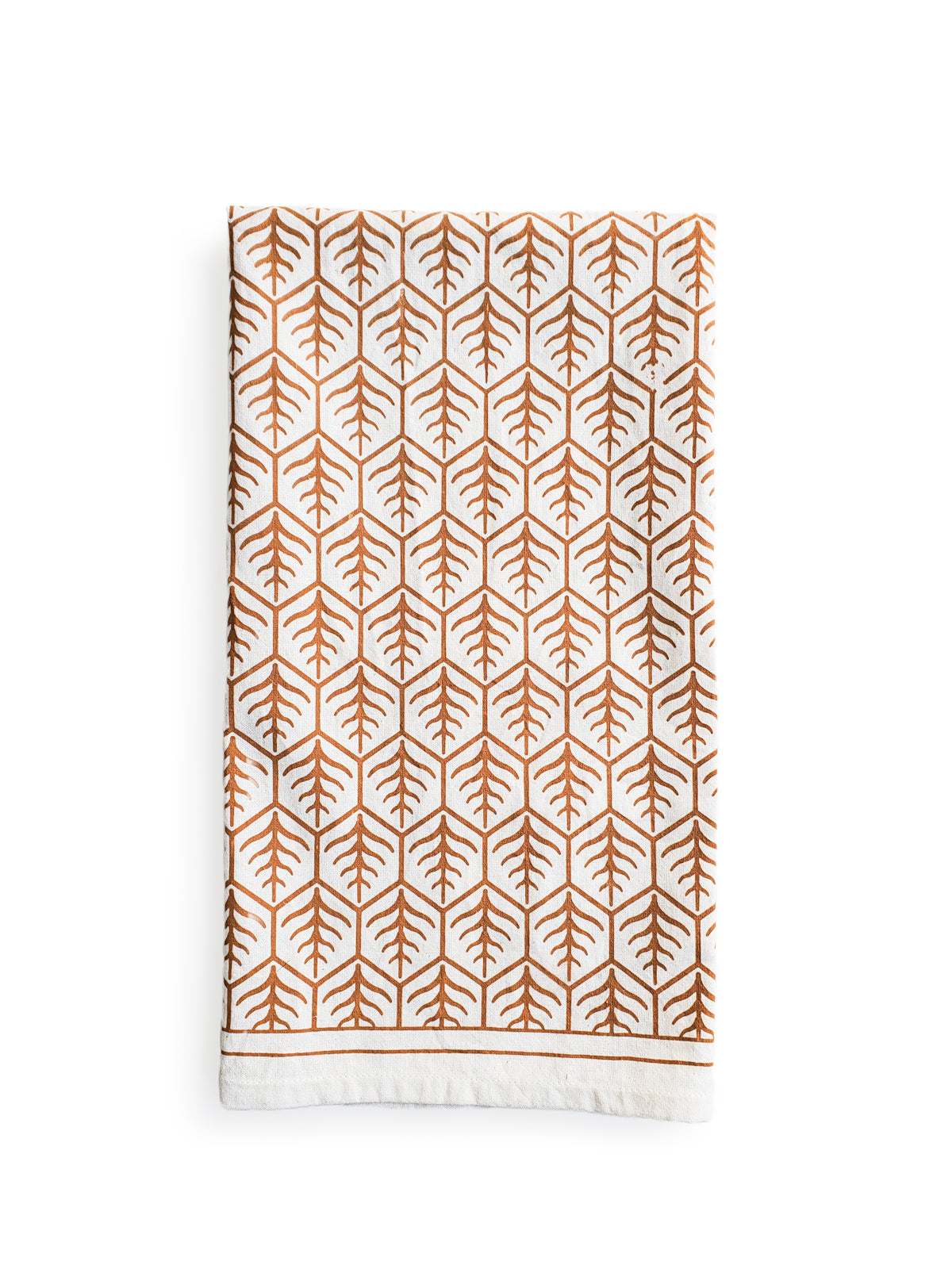 Set of 2 hand screen printed tea towels in natural cotton with artisan designs in light and dark brown.