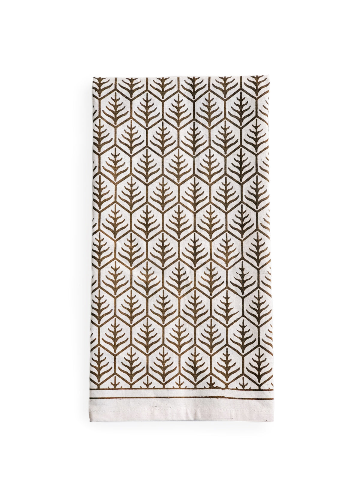 Set of 2 hand screen printed tea towels in natural cotton with artisan designs in light and dark brown.