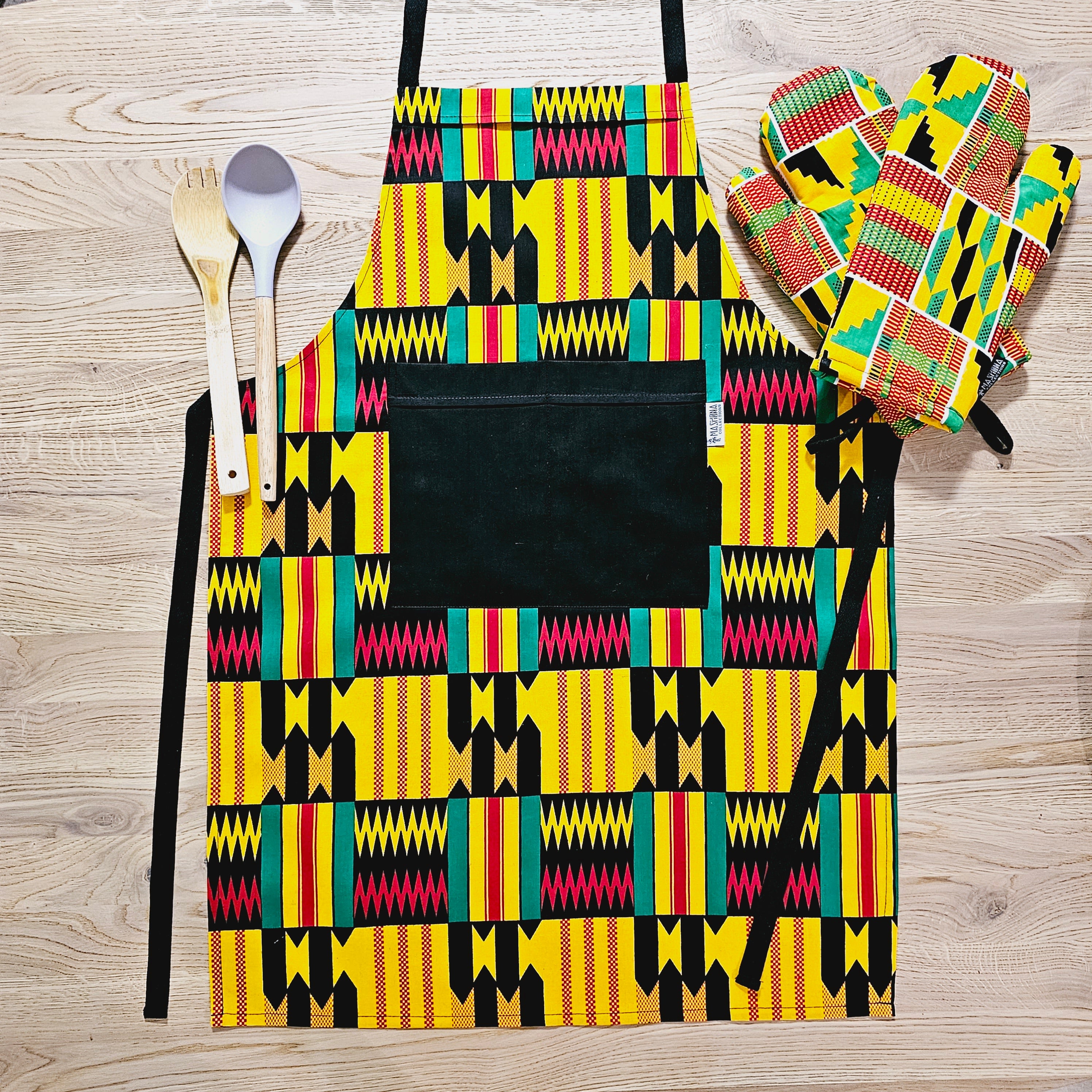 Handmade African Print Apron with matching oven gloves, showcasing vibrant colors and deep pockets, crafted from 100% cotton.