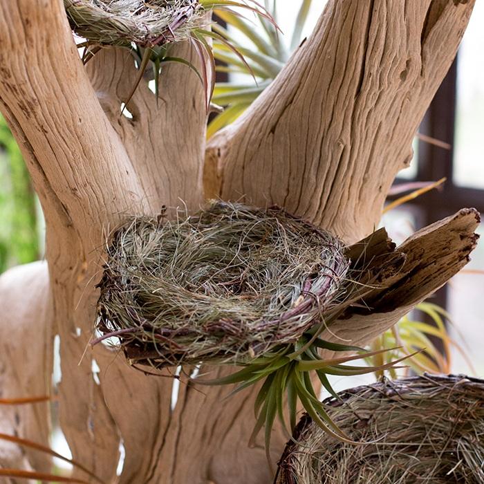 Set of 3 handmade bird's nest ornaments made from grass and willow, showcasing natural colors of brown and green.