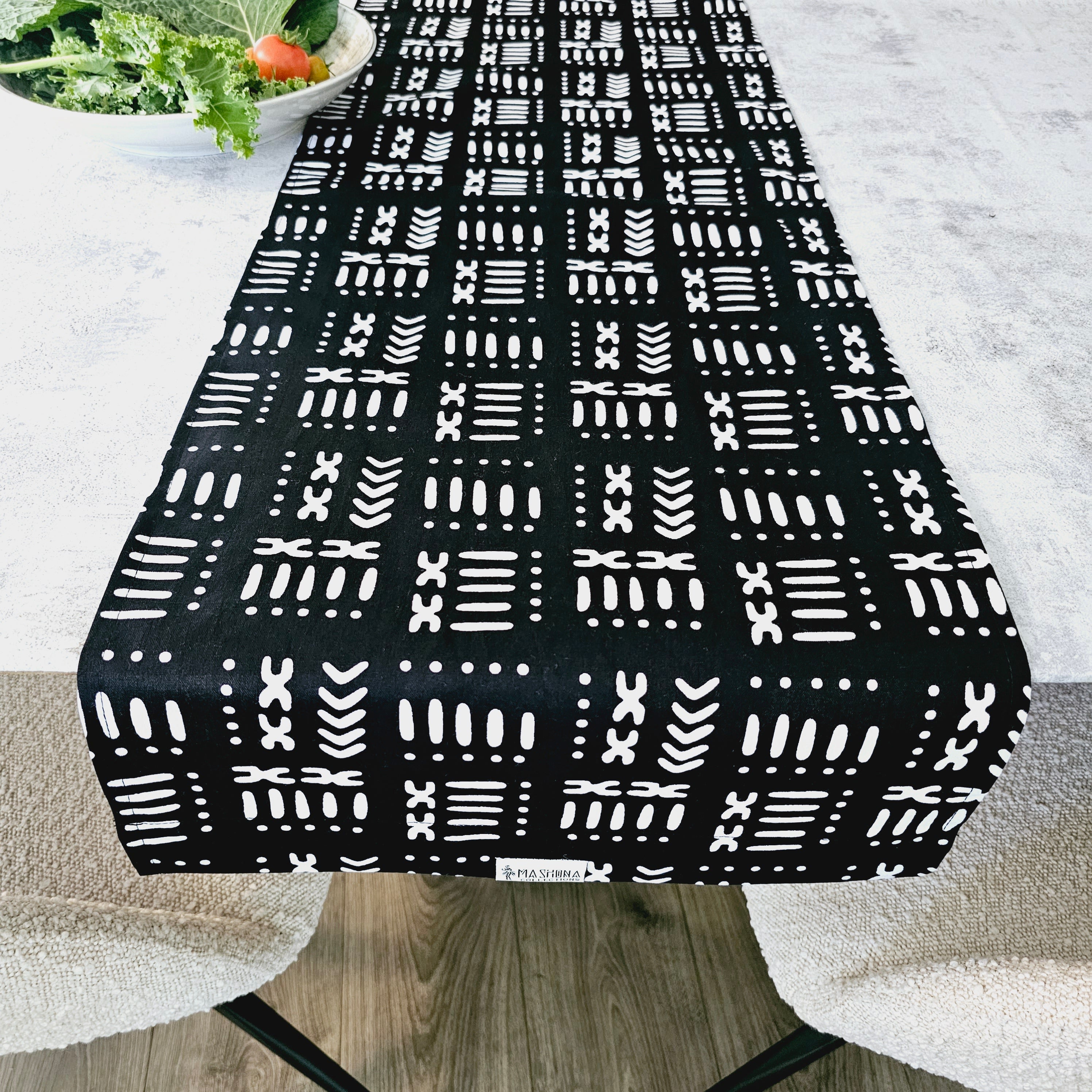 Handmade Table Runner featuring vibrant African prints, available in sizes 160x35cm, 180x35cm, and 200x35cm, perfect for dining decor.