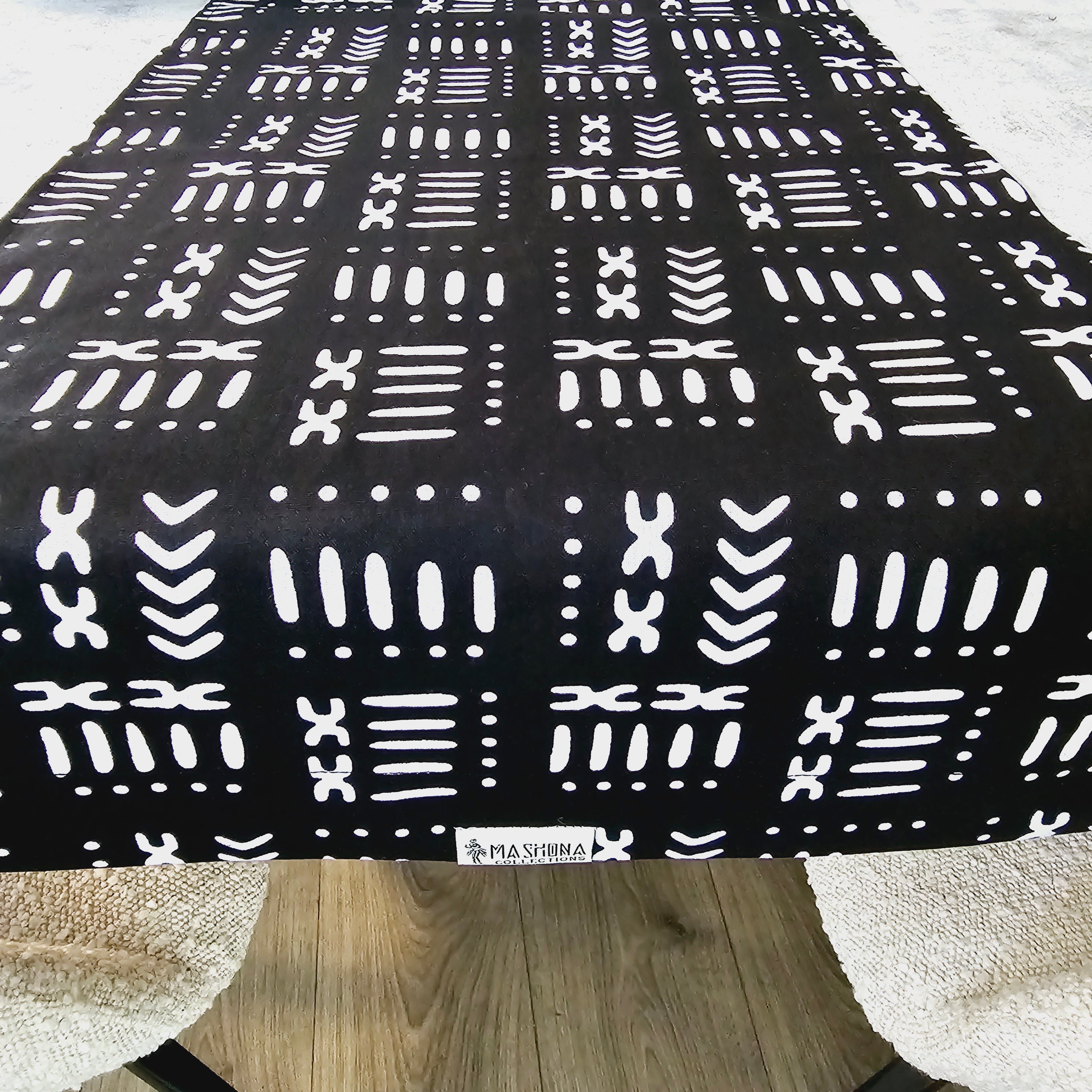 Handmade Table Runner featuring vibrant African prints, available in sizes 160x35cm, 180x35cm, and 200x35cm, perfect for dining decor.