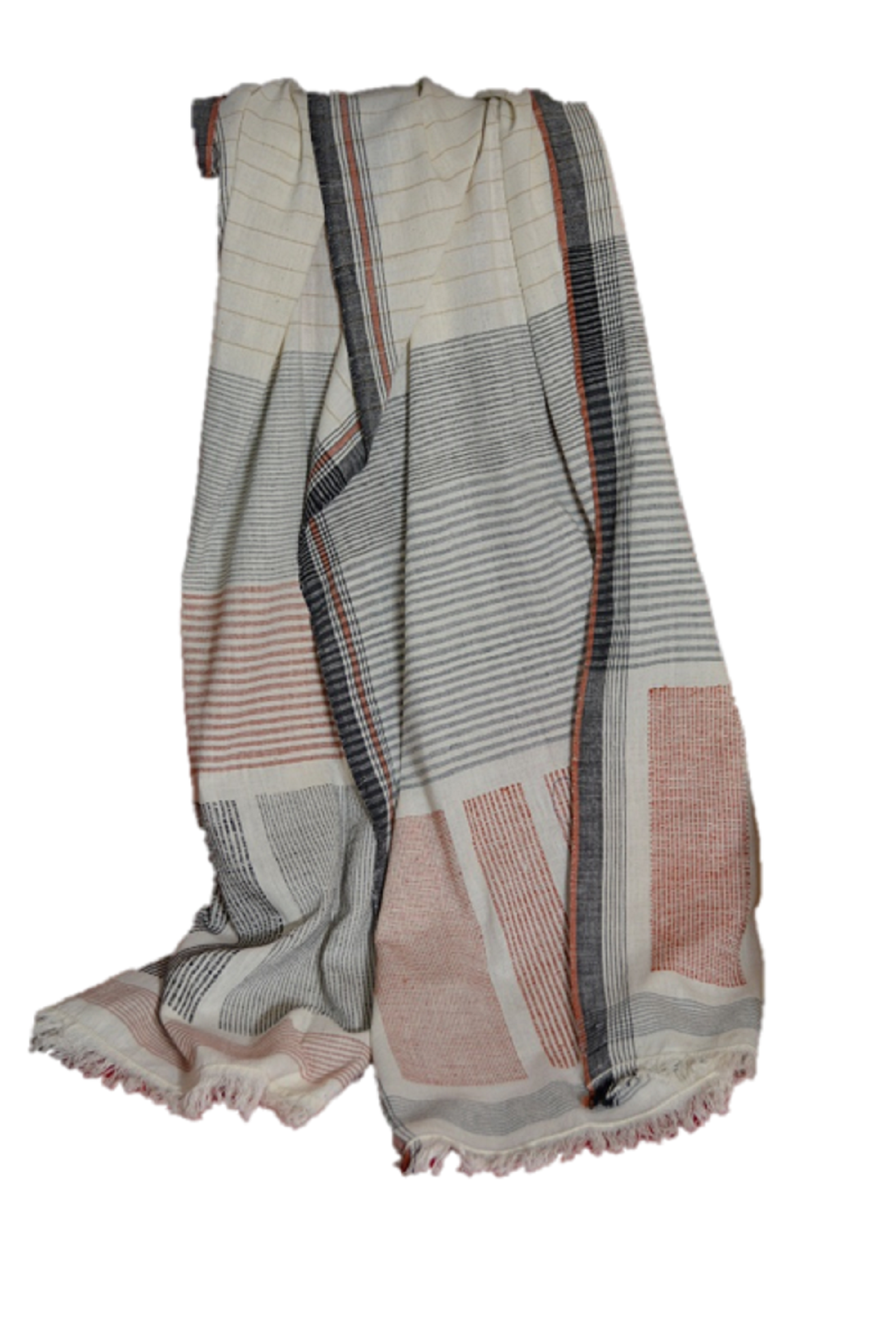 Handwoven Reversible Cotton Blanket featuring intricate patterns and tassels, showcasing artisan craftsmanship in natural colors.