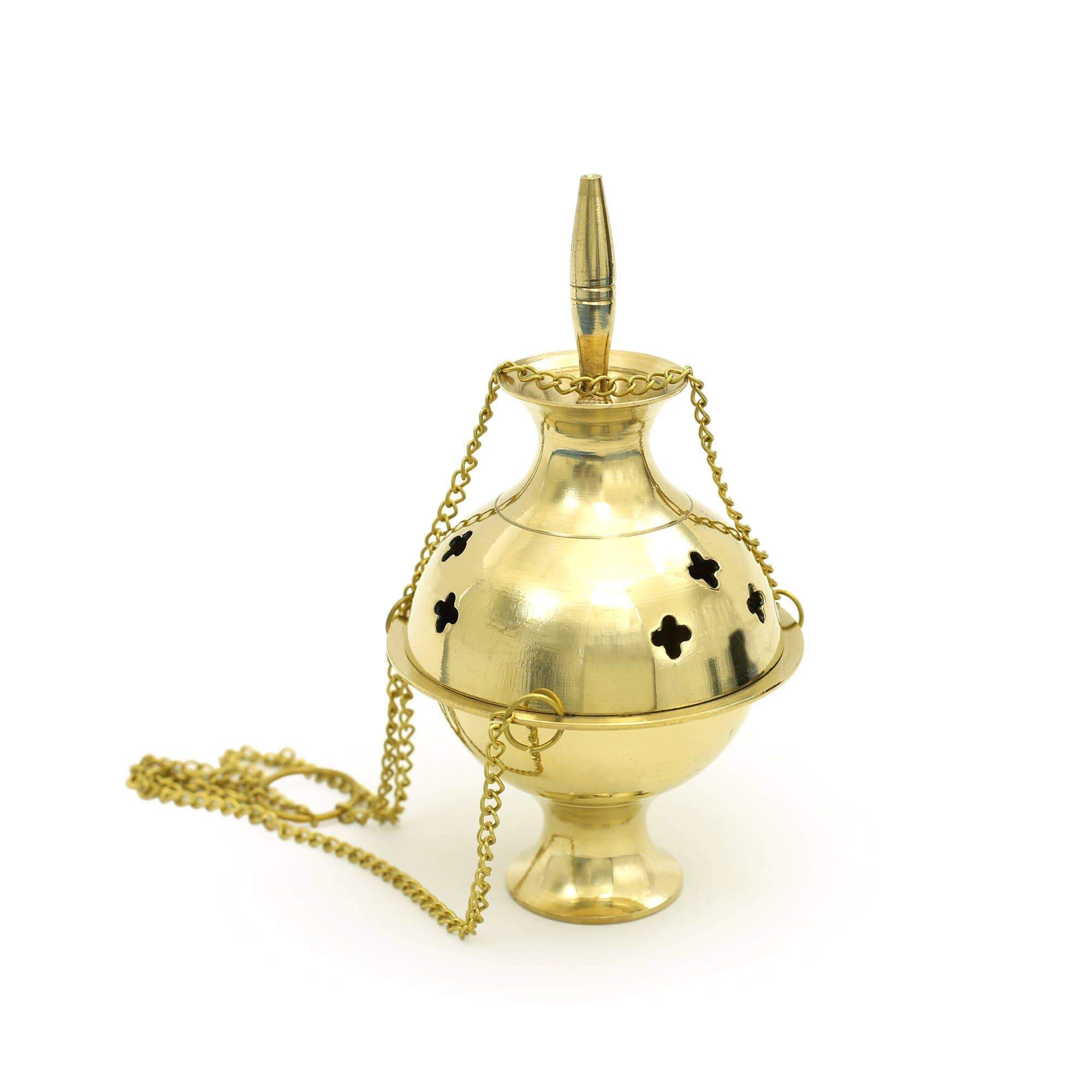 A beautifully crafted 6-inch hanging brass burner with clover-shaped holes, designed for burning resin, cone, and powder incense.