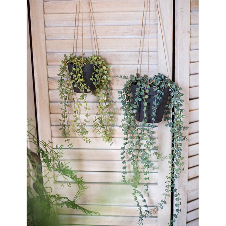 Hanging Faux Ceropegia Vine in a black pot, showcasing lush green leaves and a decorative rope for hanging.