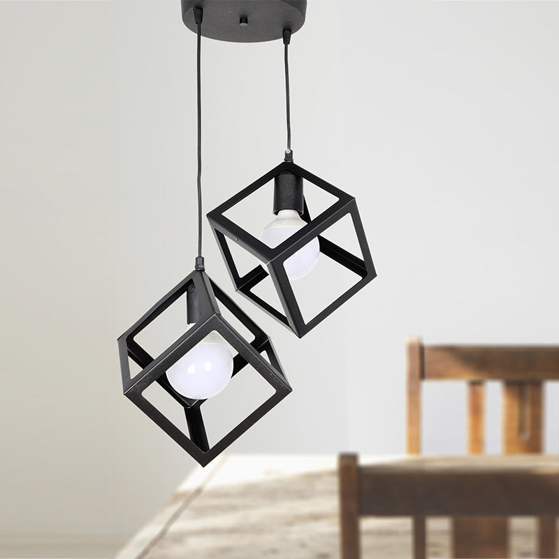 Stylish black metallic hanging lamp with two E27 bulb fittings, measuring 22x22x70 cm, perfect for modern interiors.