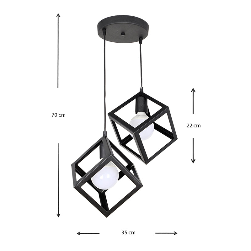 Stylish black metallic hanging lamp with two E27 bulb fittings, measuring 22x22x70 cm, perfect for modern interiors.