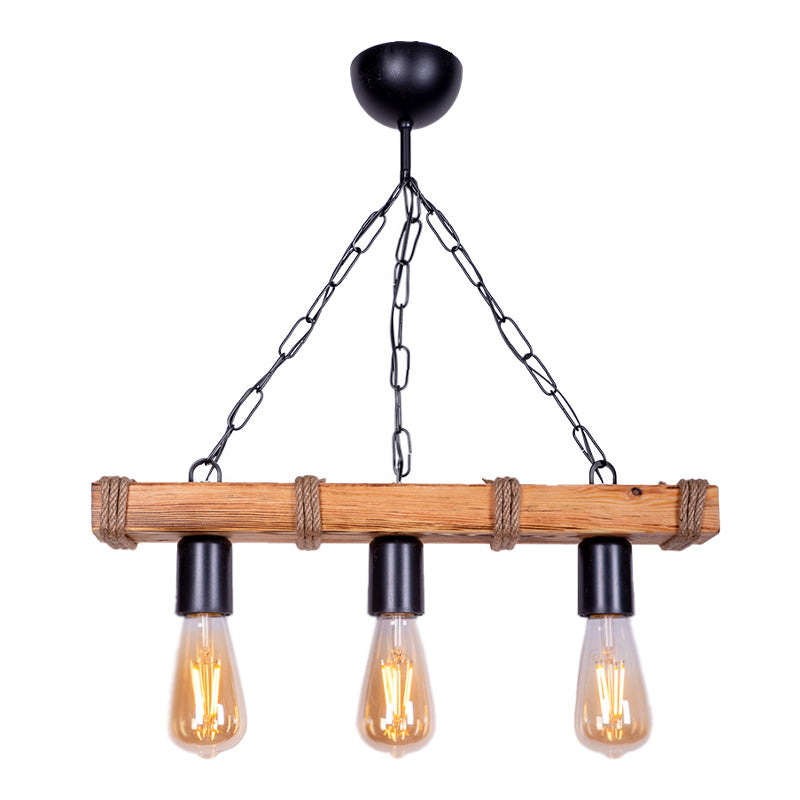 FOREST Hanging Lamp in walnut and natural wood finish, featuring three E27 bulb sockets and black metal and rope accents.