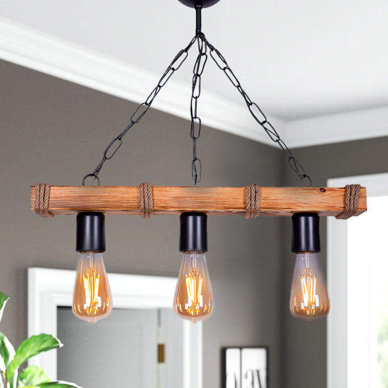 FOREST Hanging Lamp in walnut and natural wood finish, featuring three E27 bulb sockets and black metal and rope accents.