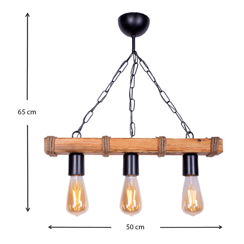 FOREST Hanging Lamp in walnut and natural wood finish, featuring three E27 bulb sockets and black metal and rope accents.