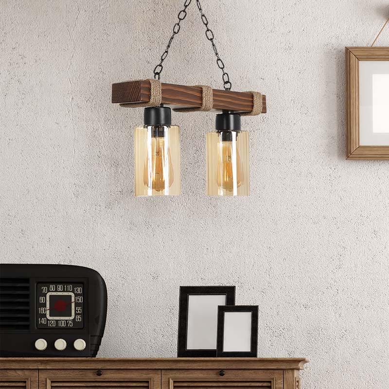 NANTES Hanging Lamp in walnut finish, featuring two E27 bulb sockets and a natural wood frame, ideal for stylish lighting.