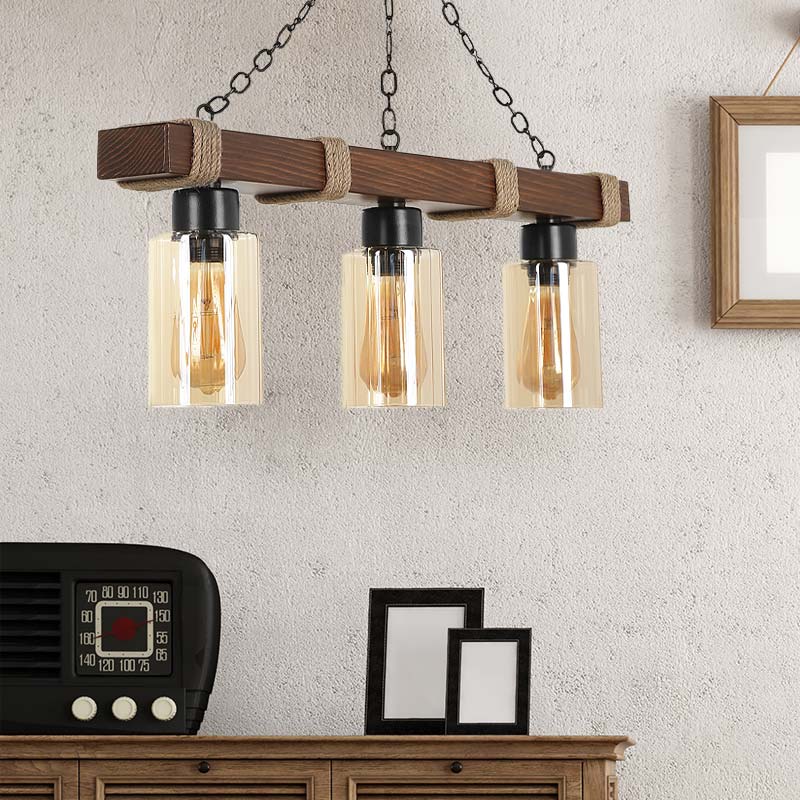 NANTES Hanging Lamp in walnut wood with three E27 bulb sockets, showcasing its elegant design and dimensions of 70x18x70 cm.