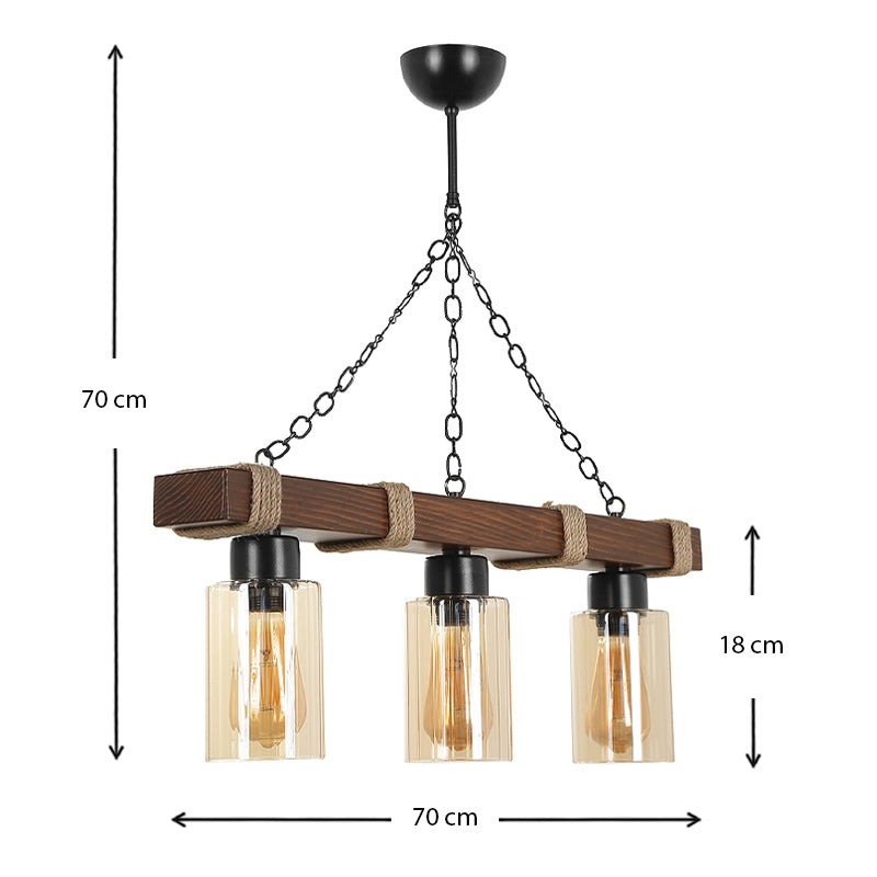 NANTES Hanging Lamp in walnut wood with three E27 bulb sockets, showcasing its elegant design and dimensions of 70x18x70 cm.