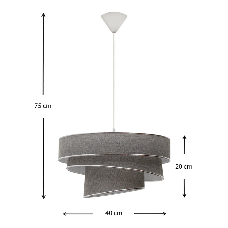 Hanging Lamp SILVIA in grey fabric with silver details, showcasing its elegant design and dimensions.