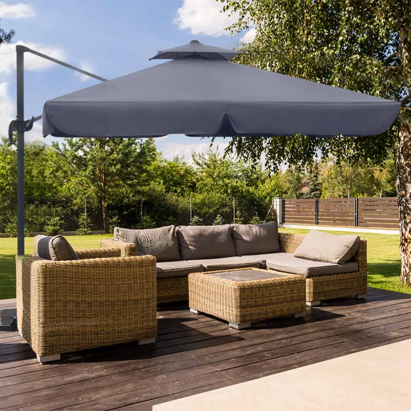 Professional hanging umbrella SUNNY in ecru anthracite color, featuring a telescopic mechanism and reinforced aluminum frame, ideal for outdoor use.