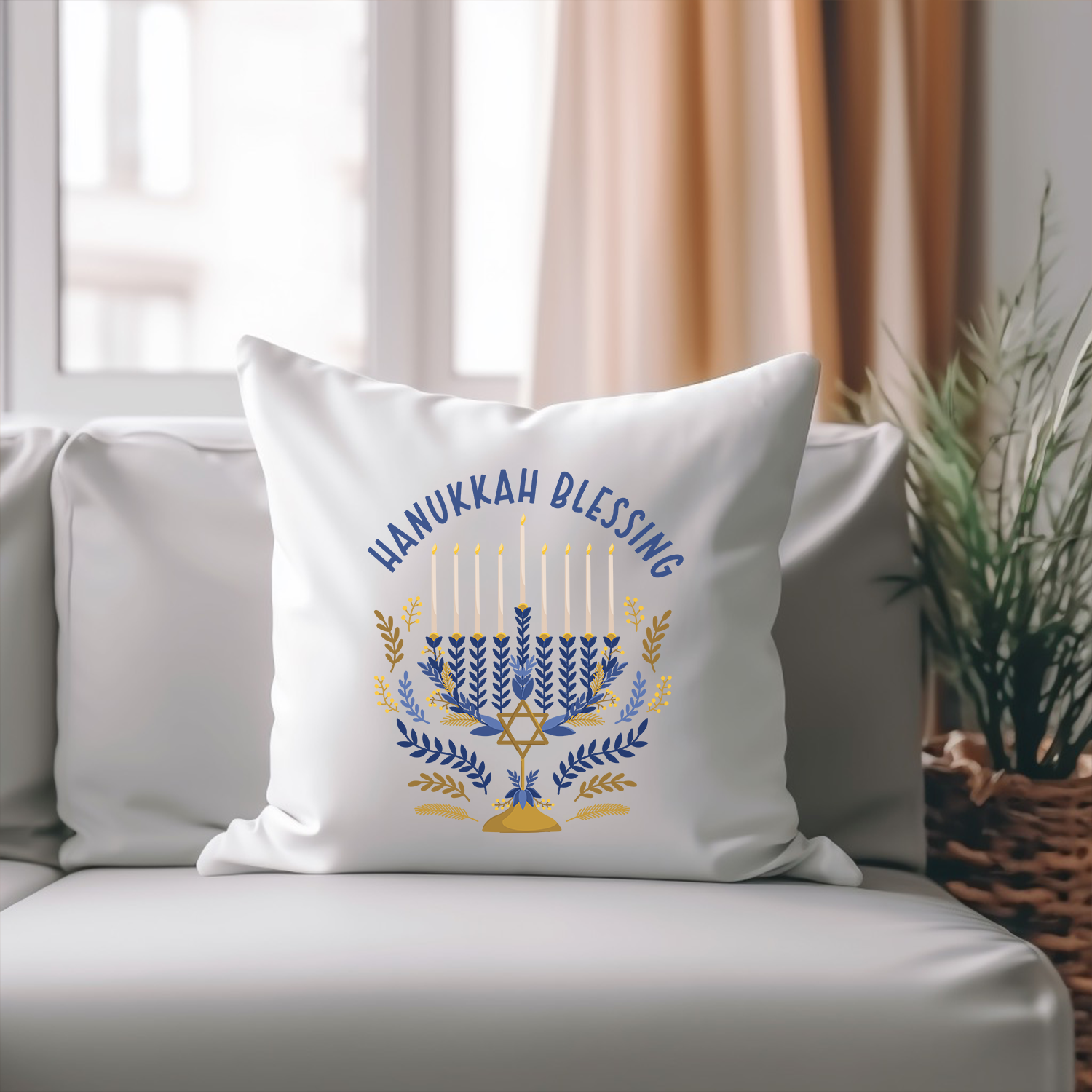 Hanukkah Blessing Pillow Case with traditional designs and side zipper for easy filling.