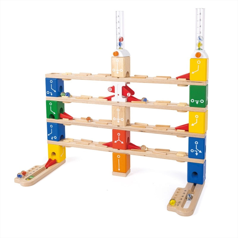 Hape Quadrilla Basic Coding Set featuring colorful blocks and marble run components for coding education.