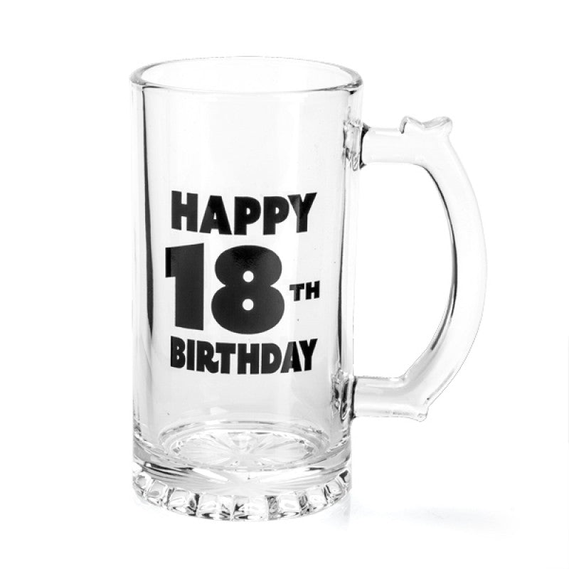 Happy 18th Birthday Beer Stein with bold black lettering, perfect for celebrating the milestone birthday.