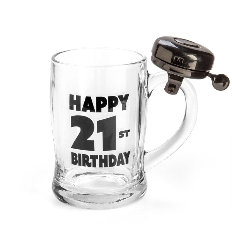 Happy 21st Birthday Bell Mug with a black bell attached to the handle, featuring bold lettering.