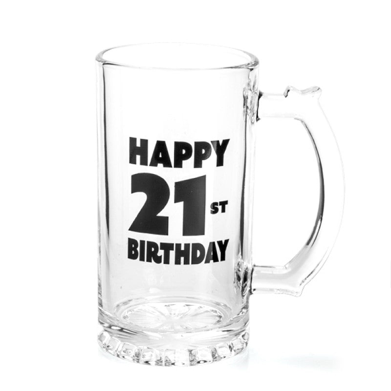 Happy 21st Birthday Beer Stein with bold black decal design.