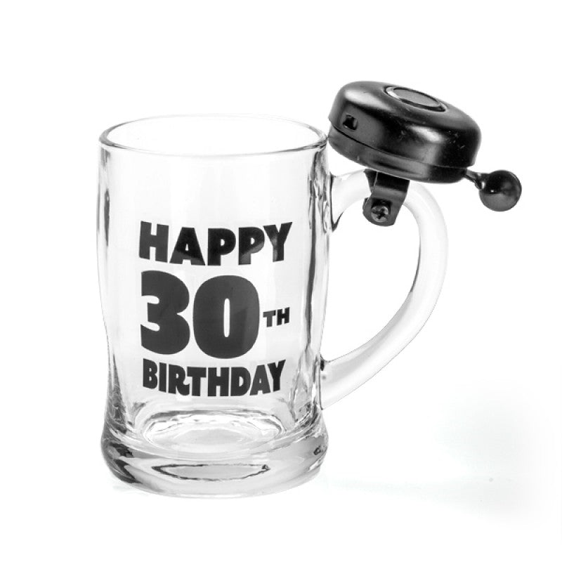 Happy 30th Birthday Bell Mug with a black bell on the handle, featuring bold lettering.