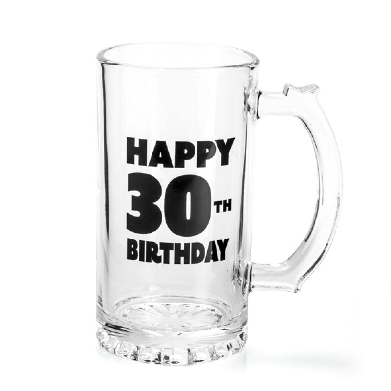 A quality glass beer stein with a bold black 'Happy 30th Birthday' decal, perfect for celebrating milestone birthdays.