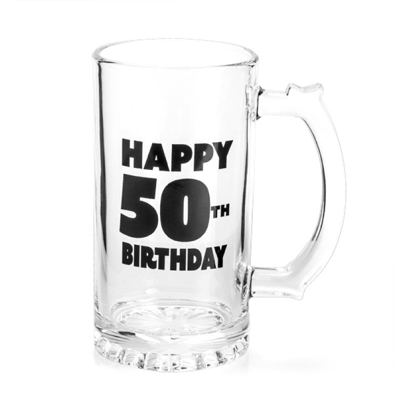 Happy 50th Birthday Beer Stein featuring a unique design celebrating the milestone with vibrant colors and intricate details.