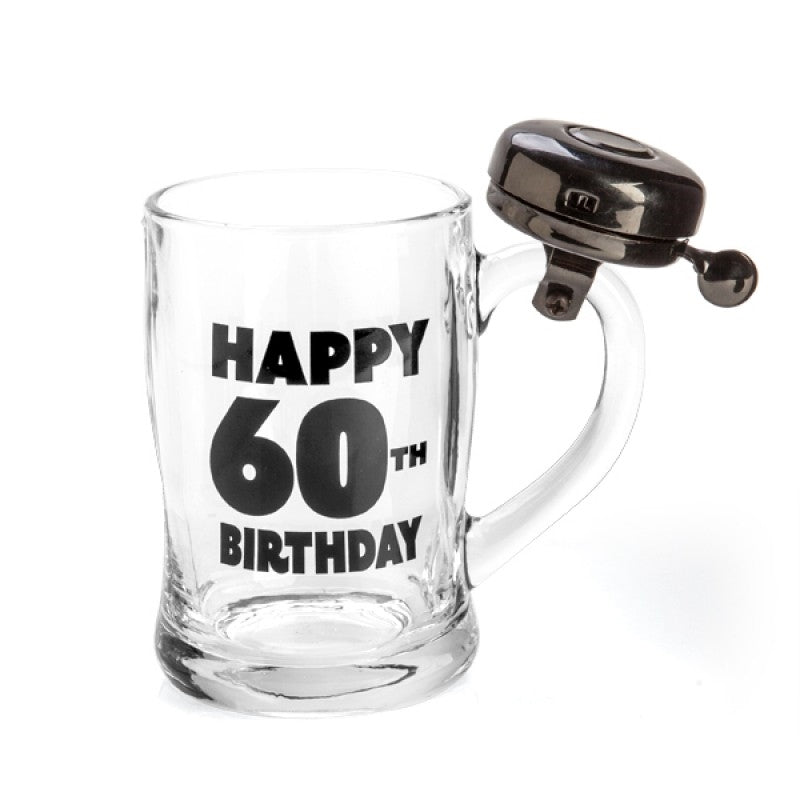 Happy 60th Birthday Bell Mug with a black bell attached to the handle, featuring bold lettering.