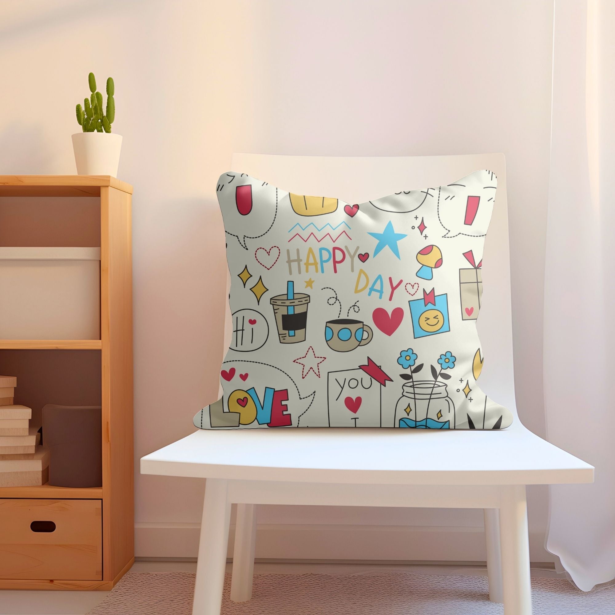 Happy Day Kids Pillow featuring a vibrant digital print on one side and a light cream back, perfect for children's rooms and outdoor use.