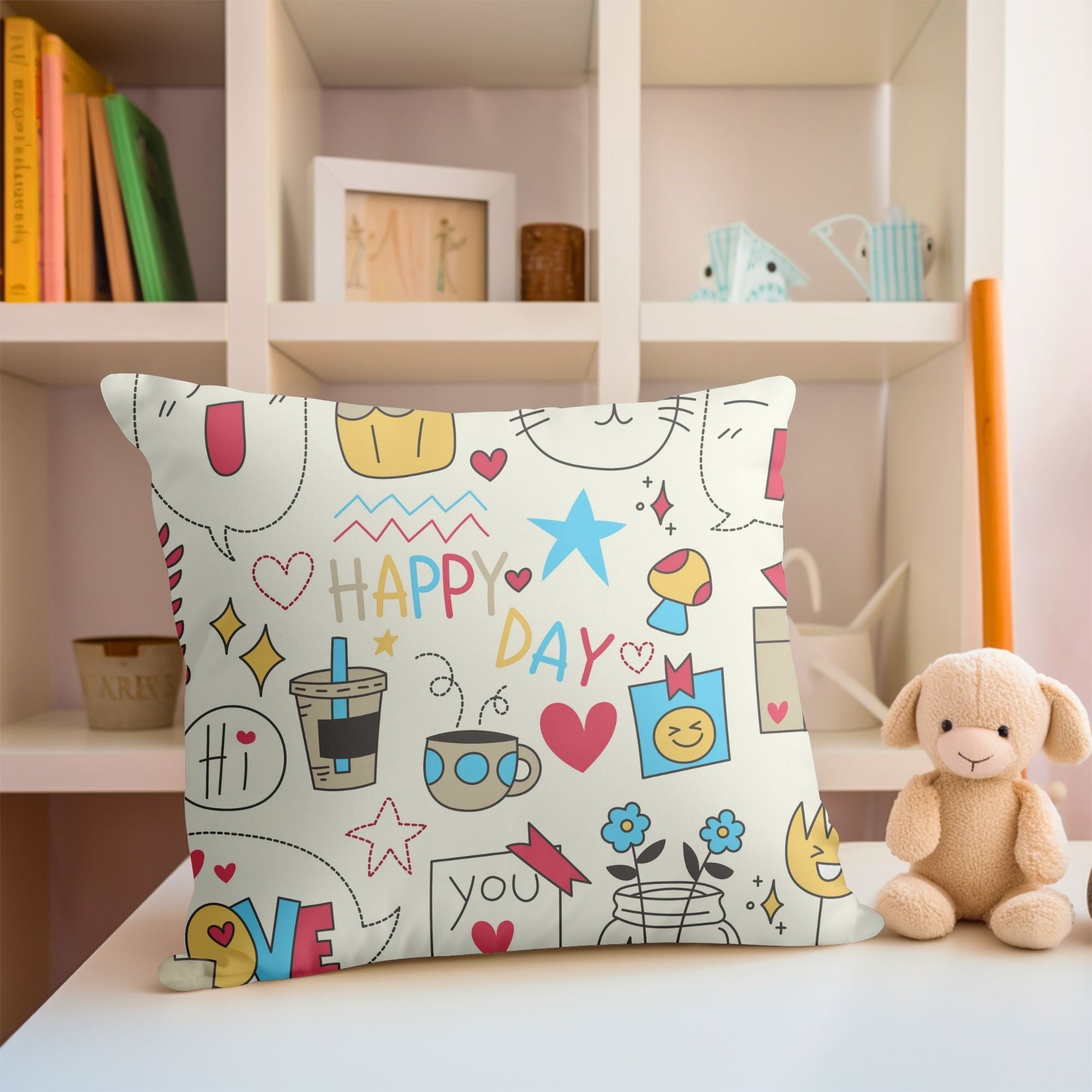 Happy Day Kids Pillow featuring a vibrant digital print on one side and a light cream back, perfect for children's rooms and outdoor use.