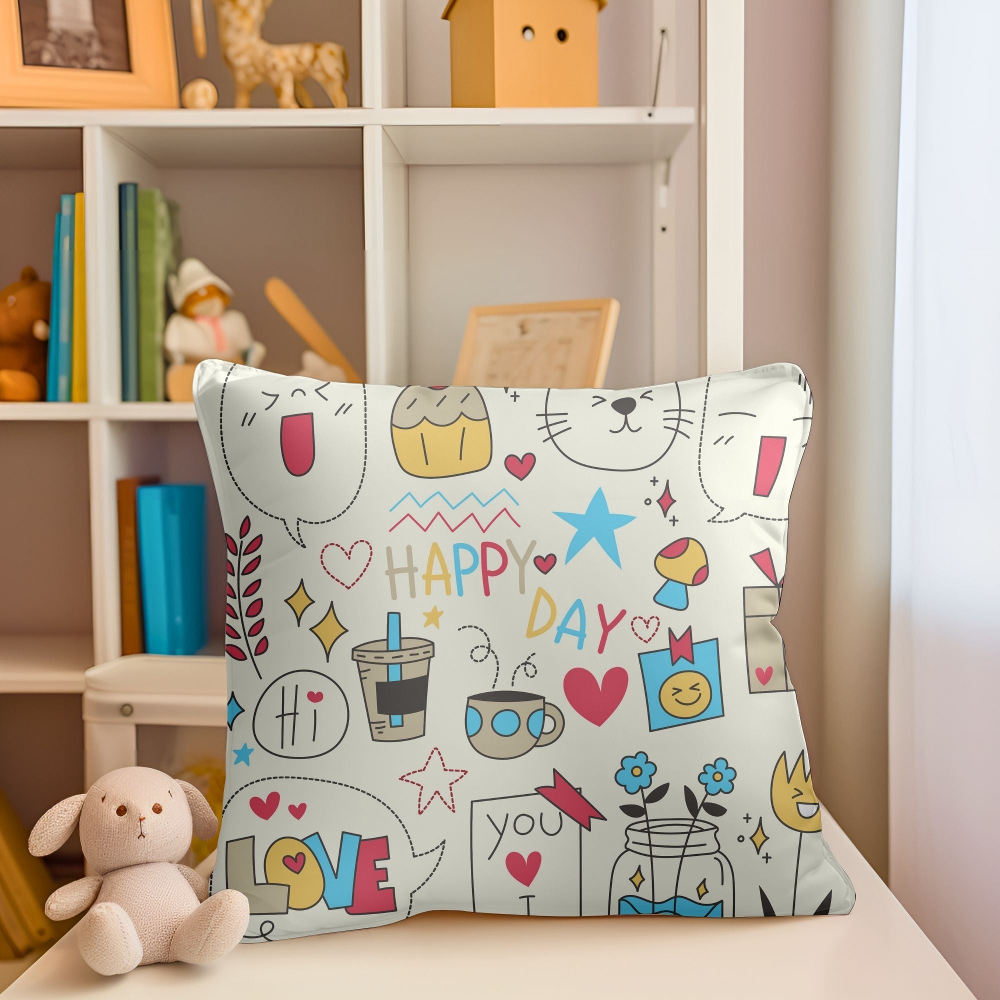 Happy Day Kids Pillow featuring a vibrant digital print on one side and a light cream back, perfect for children's rooms and outdoor use.