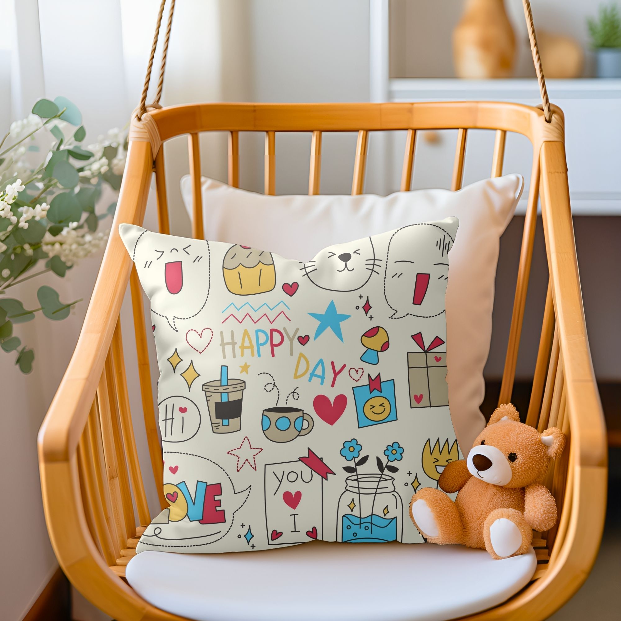 Happy Day Kids Pillow featuring a vibrant digital print on one side and a light cream back, perfect for children's rooms and outdoor use.