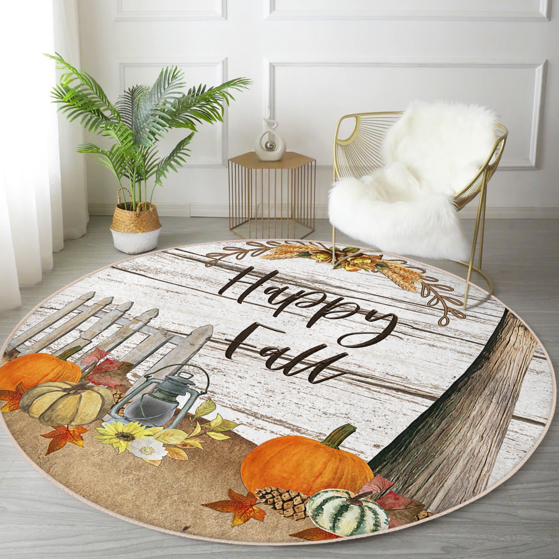 Happy Fall Pumpkin Pattern Washable Rug featuring vibrant autumn colors and festive pumpkin designs, perfect for home decor.