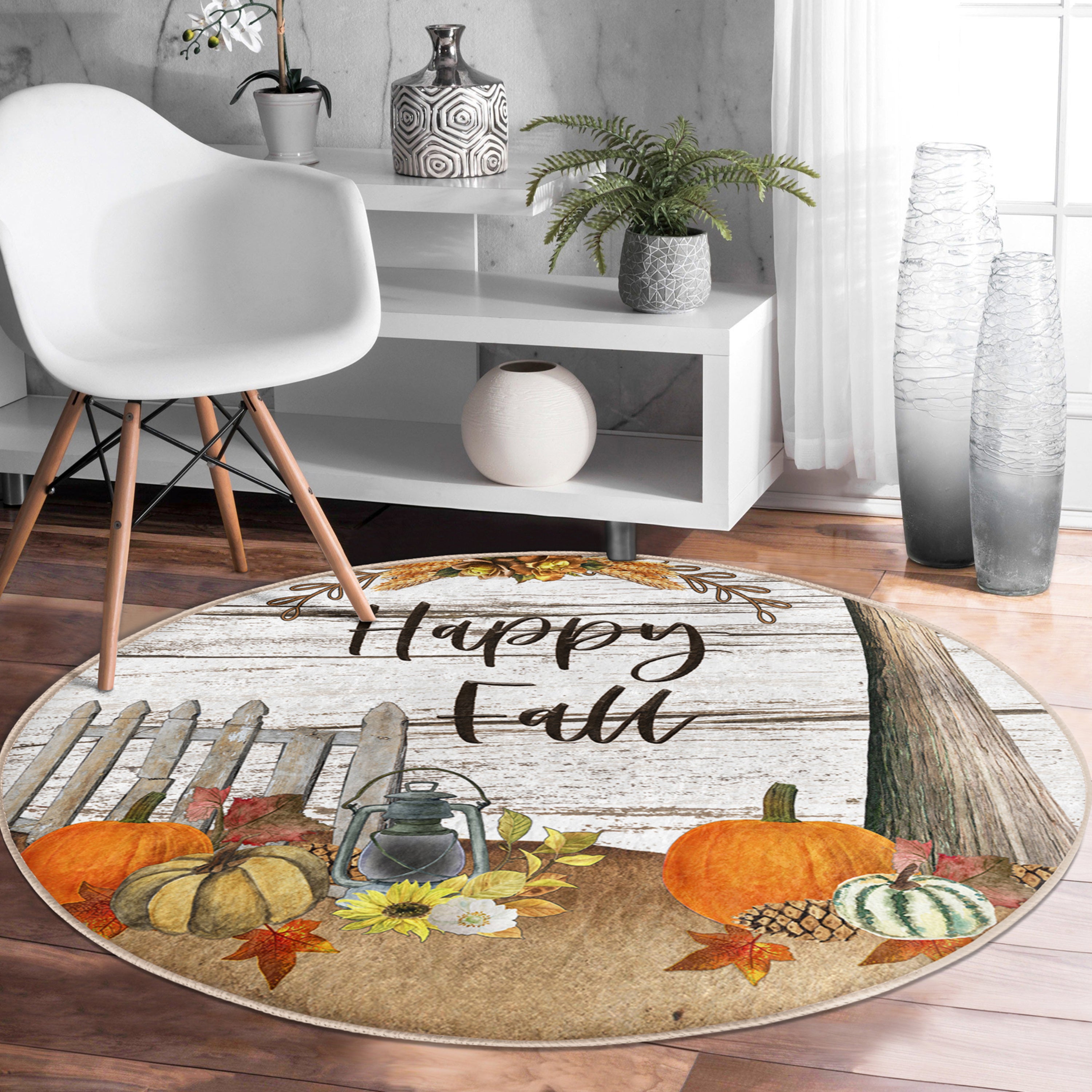 Happy Fall Pumpkin Pattern Washable Rug featuring vibrant autumn colors and festive pumpkin designs, perfect for home decor.