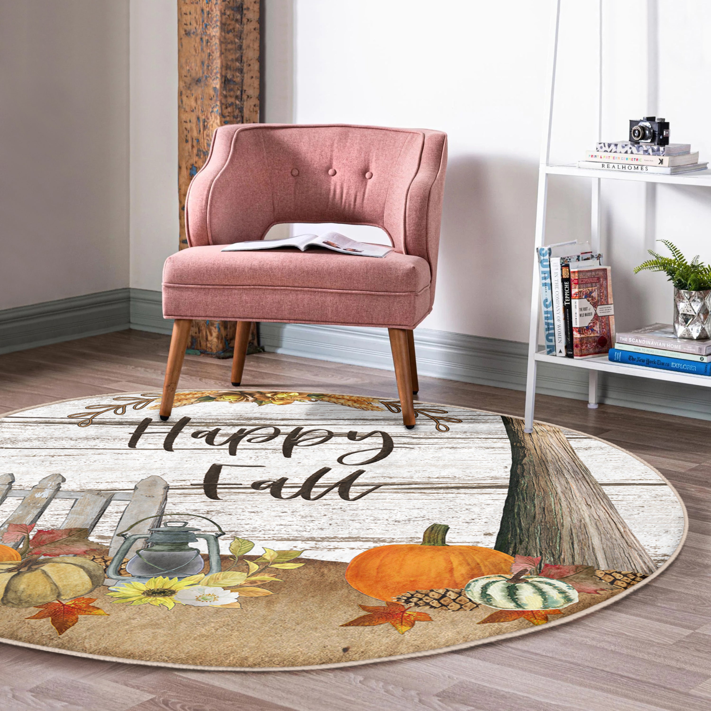 Happy Fall Pumpkin Pattern Washable Rug featuring vibrant autumn colors and festive pumpkin designs, perfect for home decor.