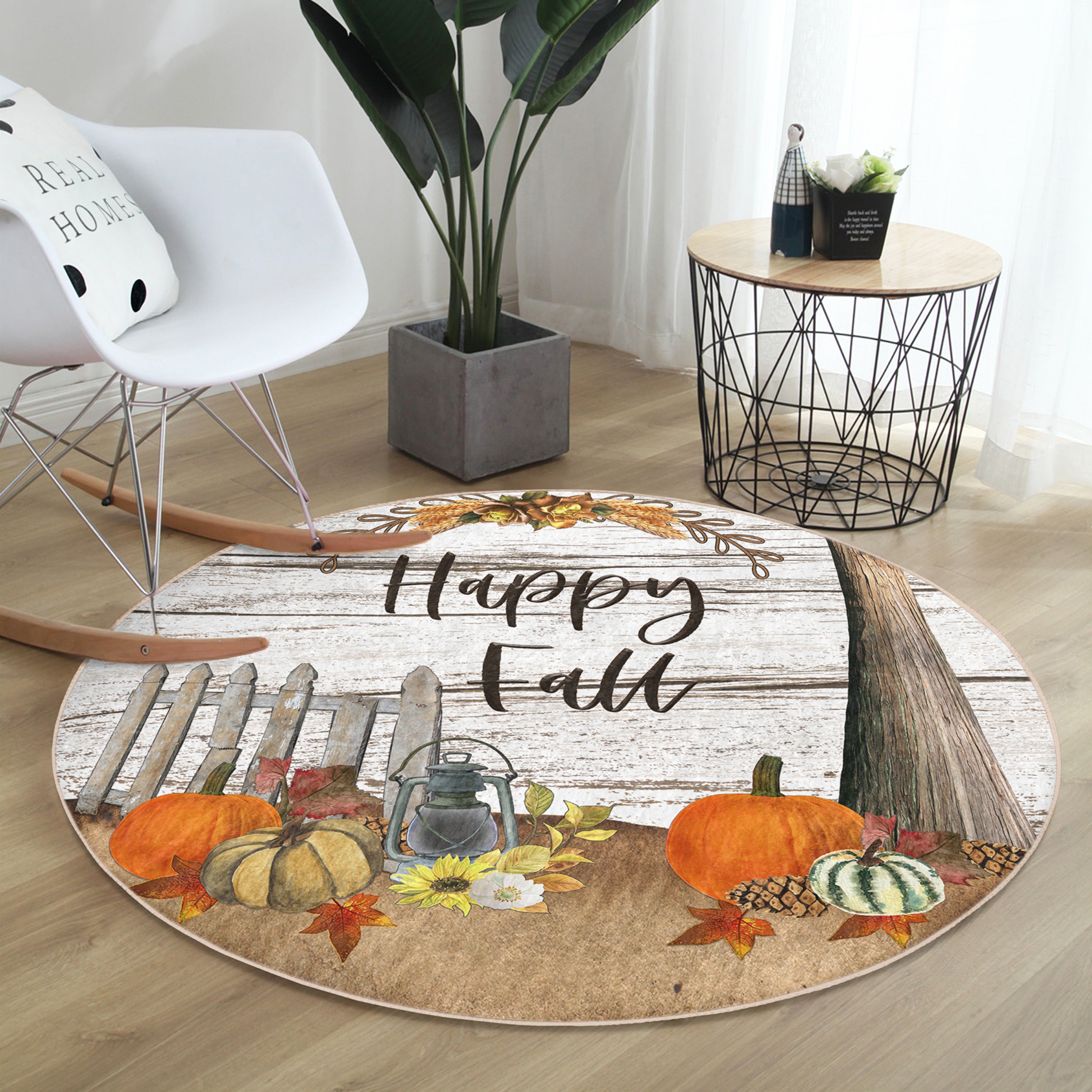 Happy Fall Pumpkin Pattern Washable Rug featuring vibrant autumn colors and festive pumpkin designs, perfect for home decor.