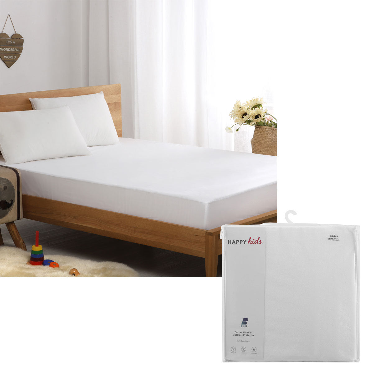 Happy Kids Cotton Flannel Waterproof Mattress Protector in solid color, designed for double mattresses with a fitted skirt.