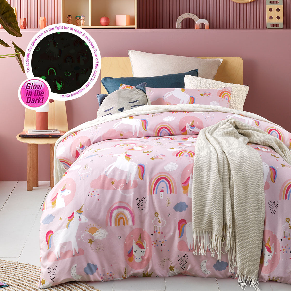 Happy Kids Dream Big Glow in the Dark Quilt Cover Set featuring vibrant colors and playful designs, perfect for children's bedrooms.