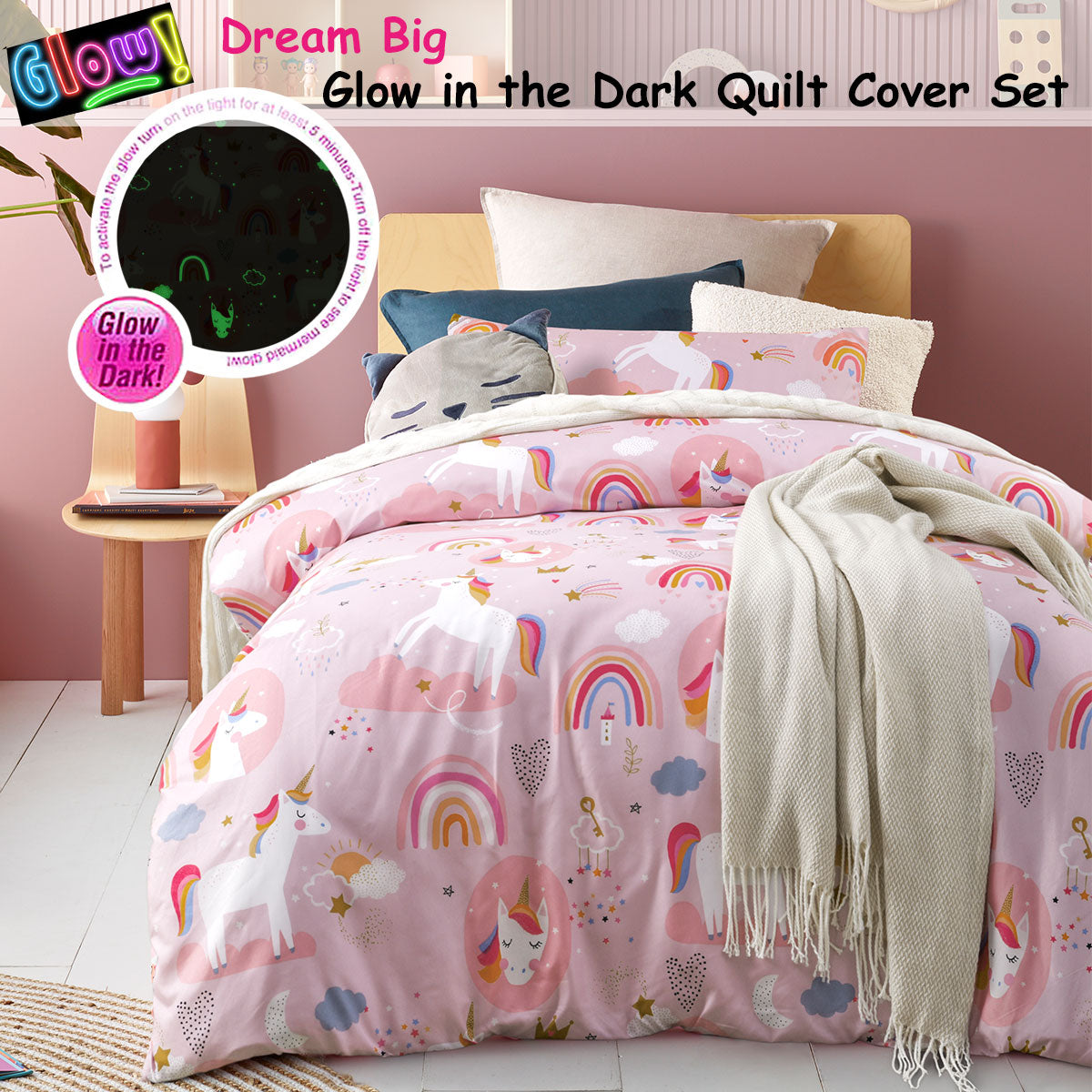 Happy Kids Dream Big Glow in the Dark Quilt Cover Set featuring vibrant colors and playful designs, perfect for children's bedrooms.