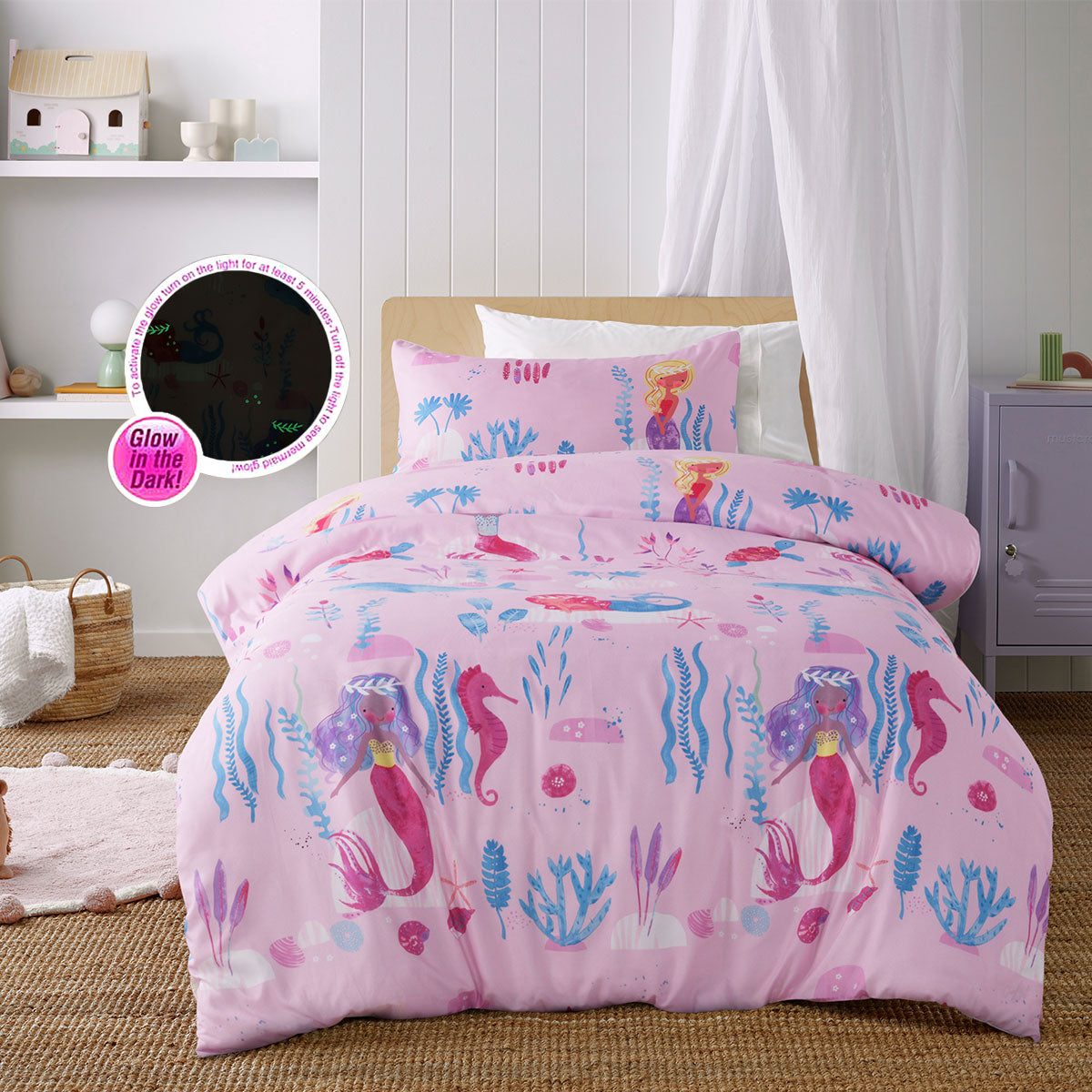 Happy Kids Glow in the Dark Under the Sea Quilt Cover Set featuring vibrant mermaids and seahorses in colorful aquatic designs.