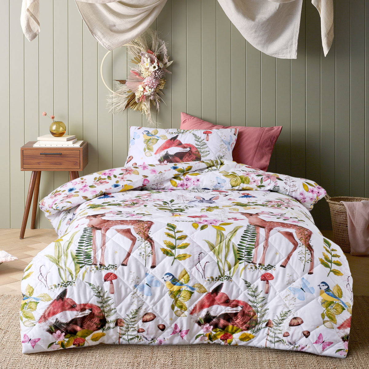 Happy Kids Habitat Quilted Cotton Quilt Cover Set featuring woodland illustrations and floral reverse design, perfect for children's bedrooms.