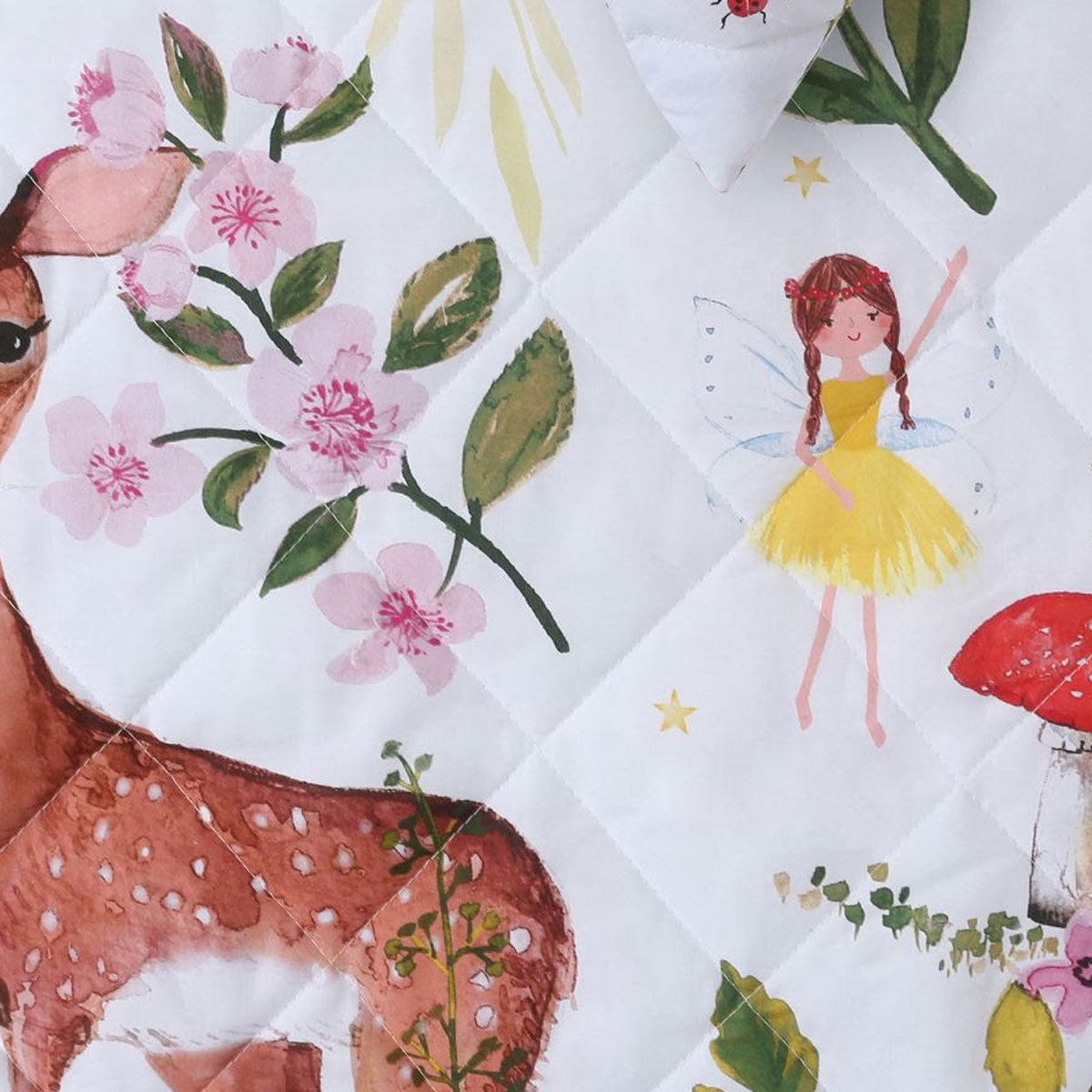 Happy Kids Habitat Quilted Cotton Quilt Cover Set featuring woodland illustrations and floral reverse design, perfect for children's bedrooms.