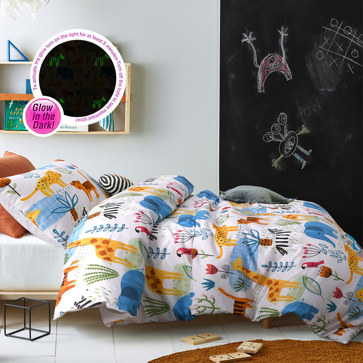 Happy Kids Little Jungle Glow in the Dark Quilt Cover Set featuring vibrant jungle designs and glow-in-the-dark characters, perfect for children's bedrooms.