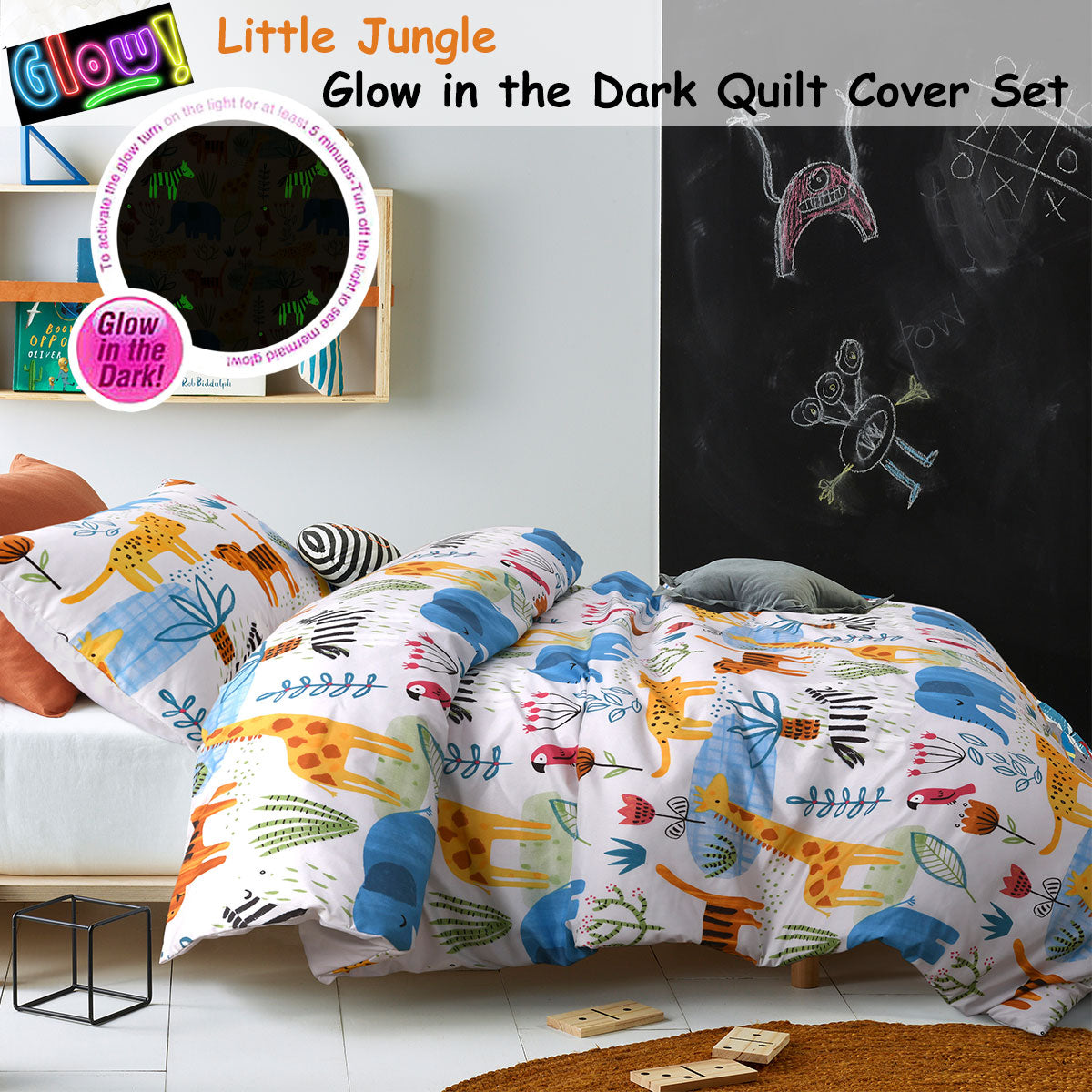 Happy Kids Little Jungle Glow in the Dark Quilt Cover Set featuring vibrant jungle designs and glow-in-the-dark characters, perfect for children's bedrooms.