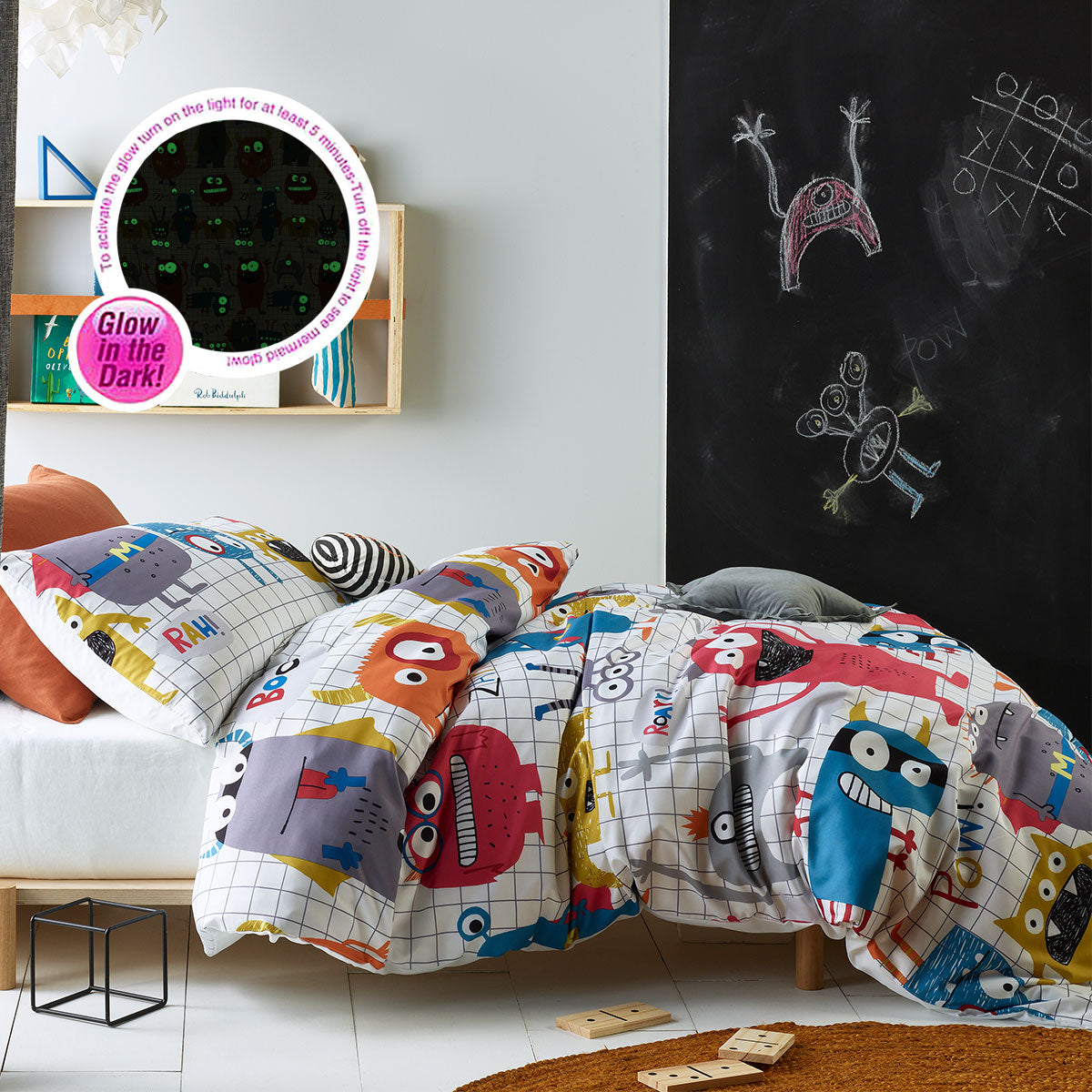 Happy Kids Monster Squad Glow in the Dark Quilt Cover Set featuring vibrant colors and playful monster designs, perfect for children's bedrooms.