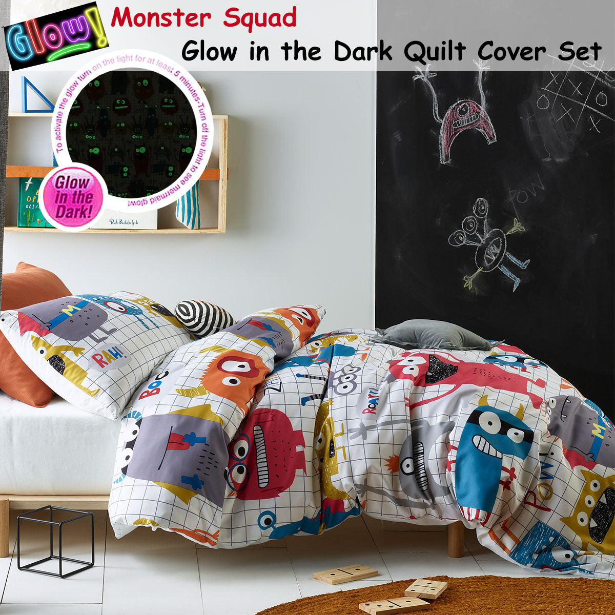 Happy Kids Monster Squad Glow in the Dark Quilt Cover Set featuring vibrant colors and playful monster designs, perfect for children's bedrooms.