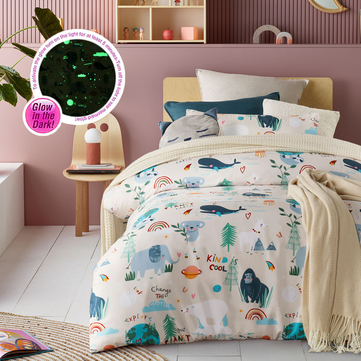 Happy Kids Our Planet Earth Glow in the Dark Quilt Cover Set featuring colorful animal designs, perfect for children's bedding.