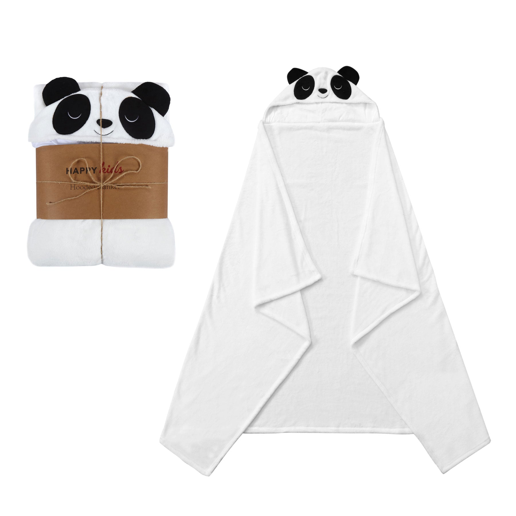 Happy Kids Panda Hooded Blanket featuring a fuzzy white exterior and panda hood with ears and eyes, perfect for kids to snuggle in.