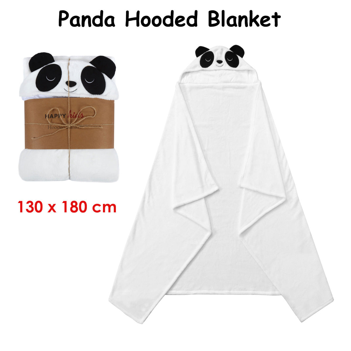 Happy Kids Panda Hooded Blanket featuring a fuzzy white exterior and panda hood with ears and eyes, perfect for kids to snuggle in.