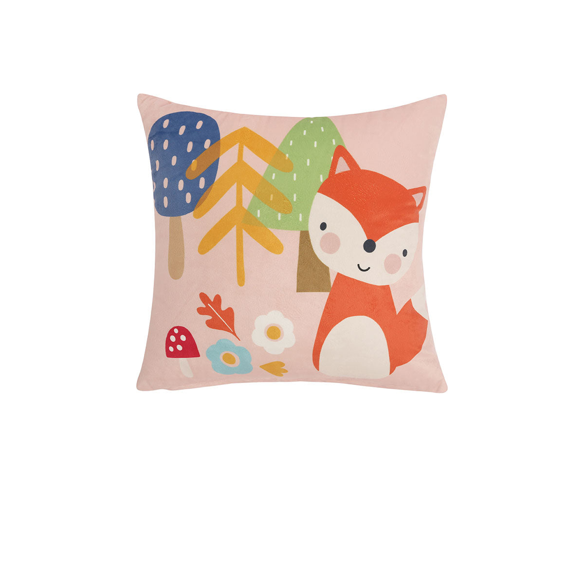 Happy Kids Rainbow Forest Filled Square Cushion featuring colorful animal and foliage prints on a soft polyester fabric.